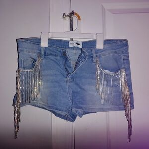 Fashion Nova Blue and Silver Jean Shorts with Chain Fringe